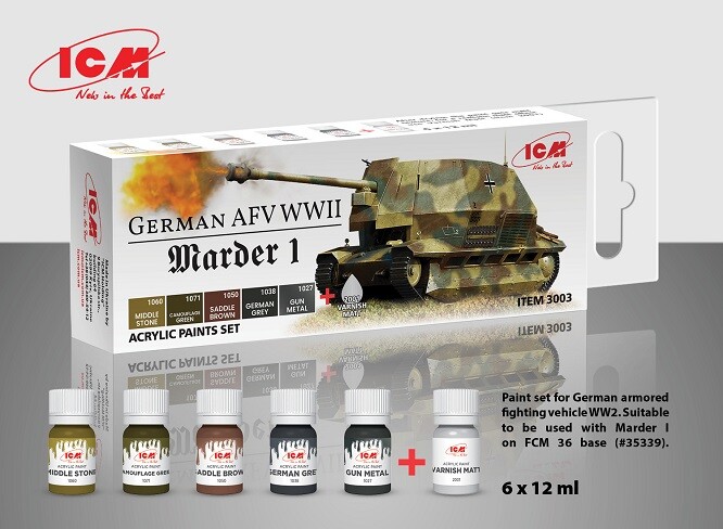 ICM 3003 - Acrylic Paint Set For German AFV WW2 (Marder I) 6 X 12 Ml - New