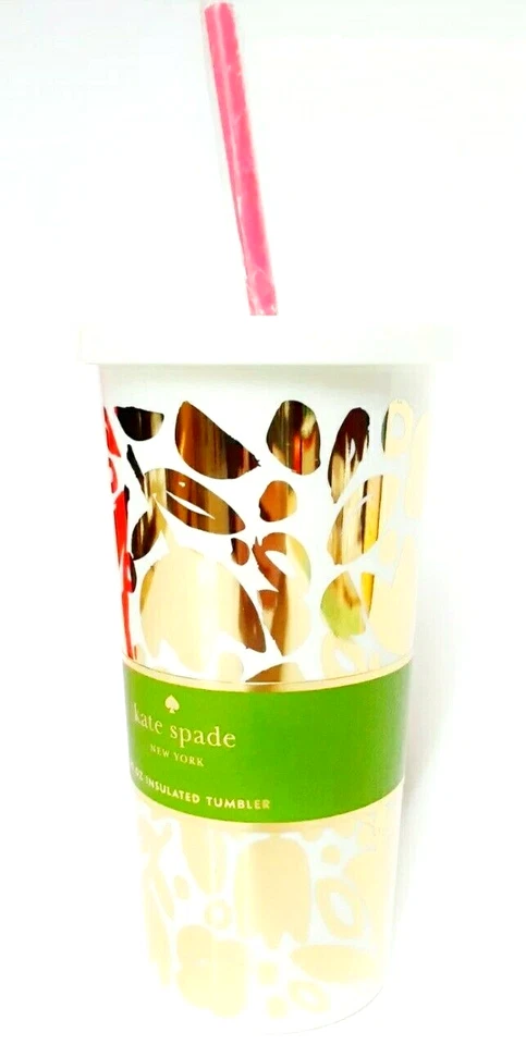 Kate Spade Golden Floral Tumbler with Lid Straw Gold Metallic Multi 20 Fl Oz NWT - Image 3 of 4