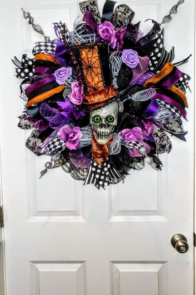 Halloween Wreath Decoration Large Deco Mesh Skull Top Hat Front Door Decoration - Image 2 of 4