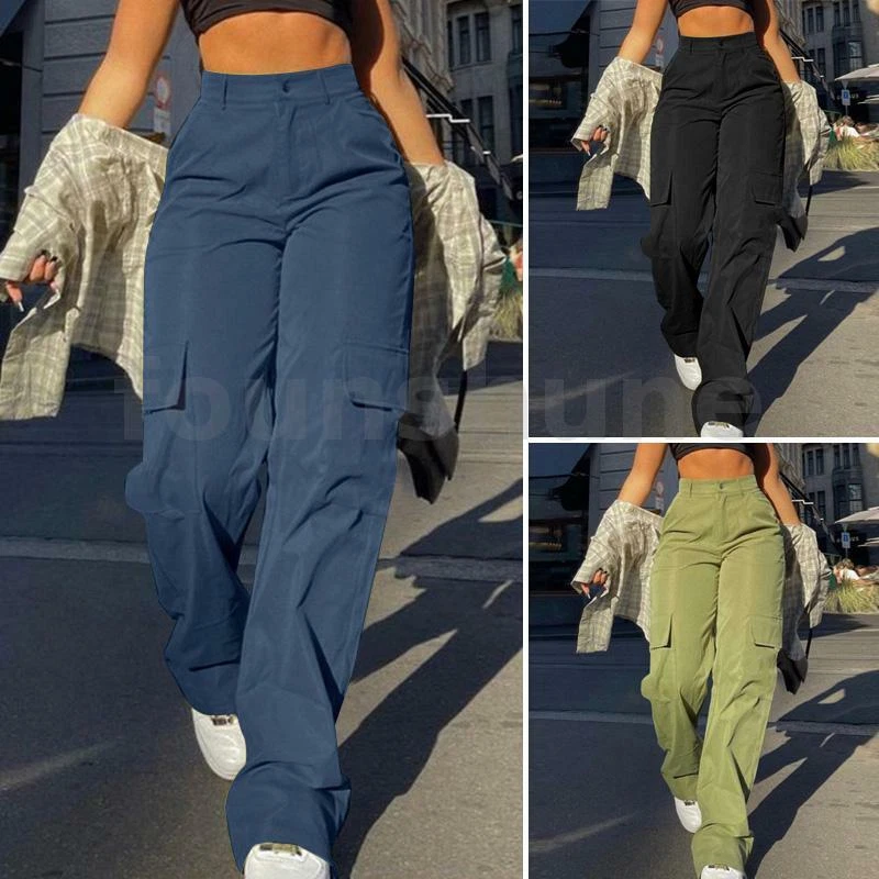 Women Combat Cargo Wide Leg Pants Ladies Casual Work OL Trousers Long  Bottoms UK