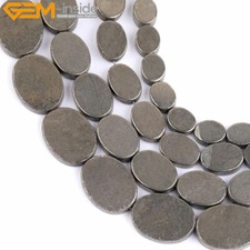 Natural Gray Pyrite Stone Oval Flat Silver Spacer Beads For Jewelry Making 15''