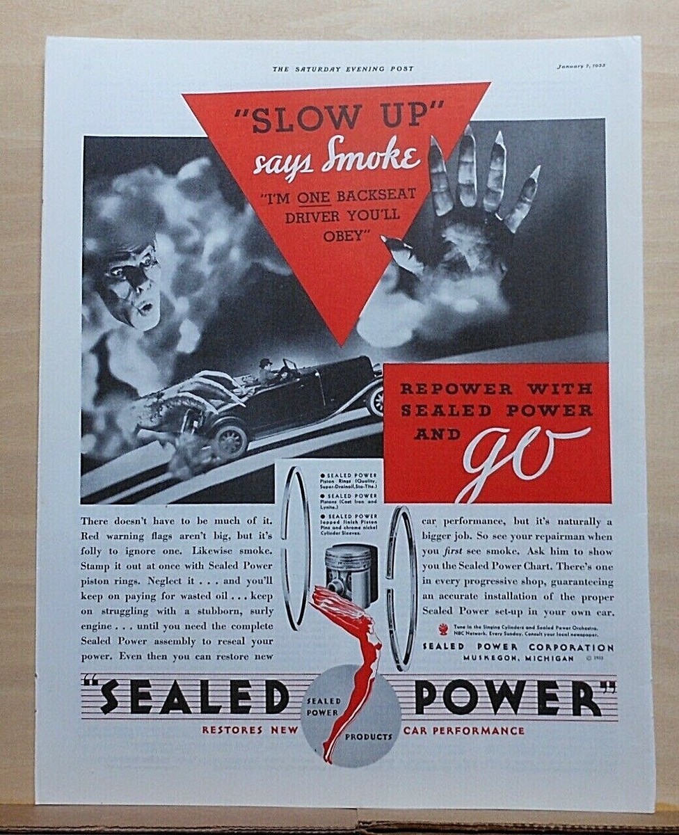 1933 magazine ad for Sealed Power Pistons - &ldquo;Smoke&rdquo; says you&rsquo;ll 