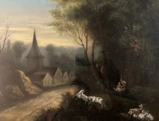 Beau Grand Pastel XIXe Paysage Scène Bucolique, Romantisme Chèvre Ancien Art