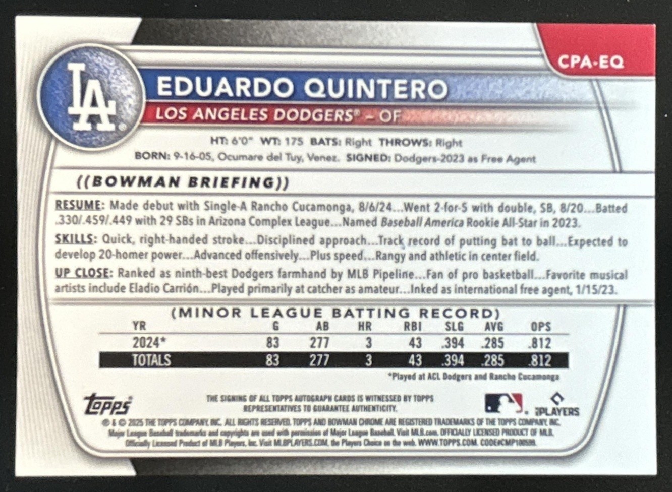 2025 Bowman Eduardo Quintero Chrome Auto Refractor Black X-Fractor 1st #/10 view 2