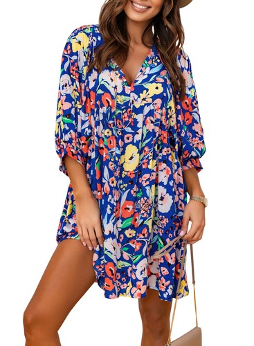Womens Casual Dress Summer Half Sleeve V Neck Floral Bohemian Babydoll Tunic ...