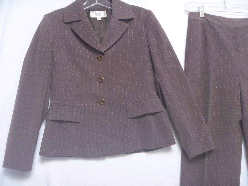 Le 西装裤子套装女式 4P 码娇小棕色细条纹 2 件套职业 — 第 2/4 张图片