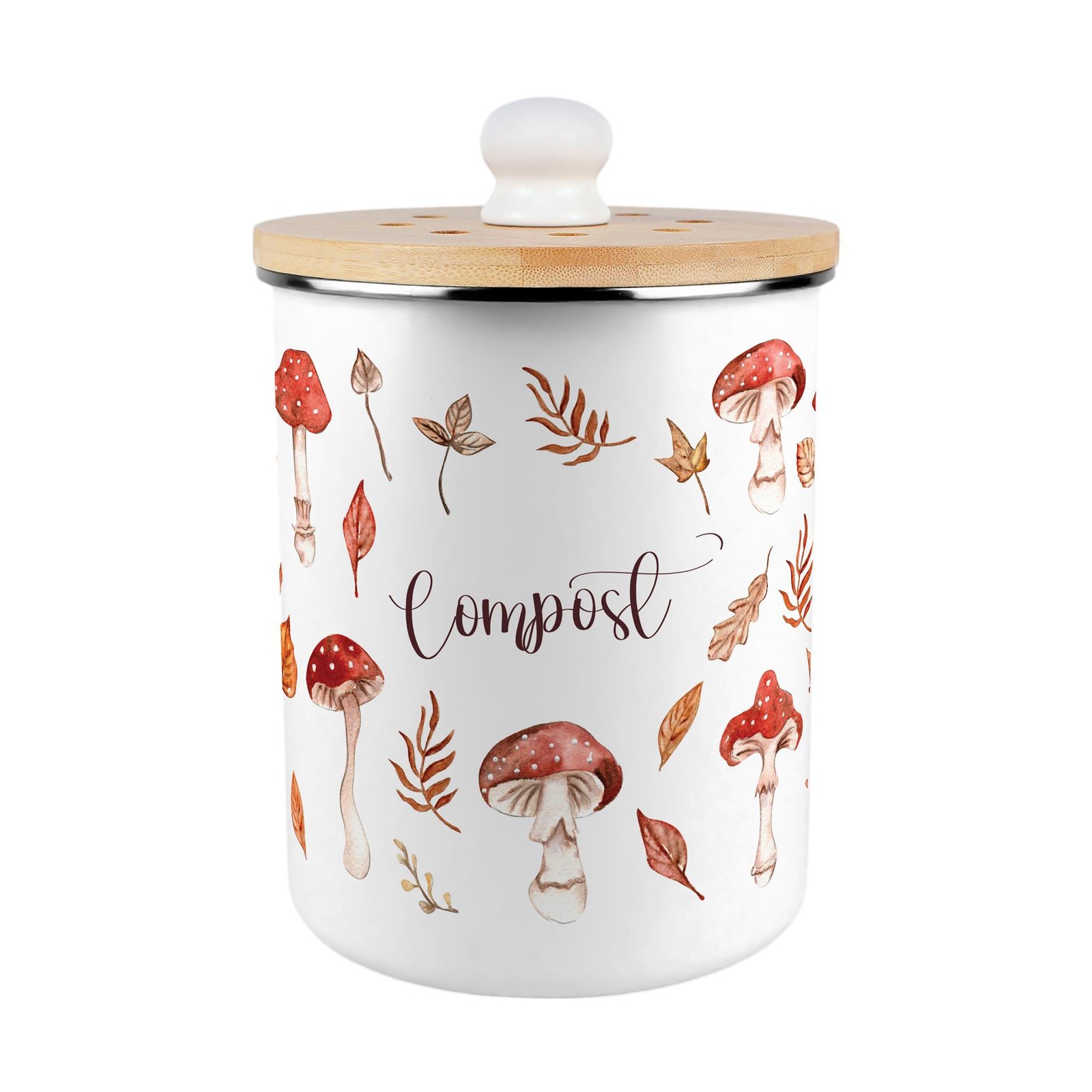 Mushrooms Compost Caddy - Metal Decorative Kitchen Food Waste Bin, 2L