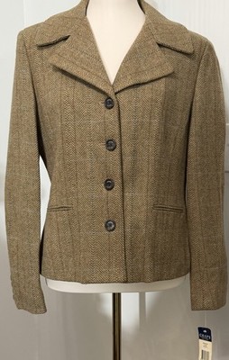 NEW Vintage CHAPS Women's Wool Classic Houndstooth Tan Blazer Size Large L