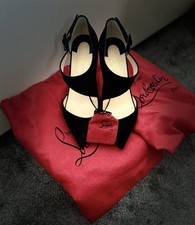 Christian Louboutin Suede Heels, Rare buckle strap design, Classic red heel 