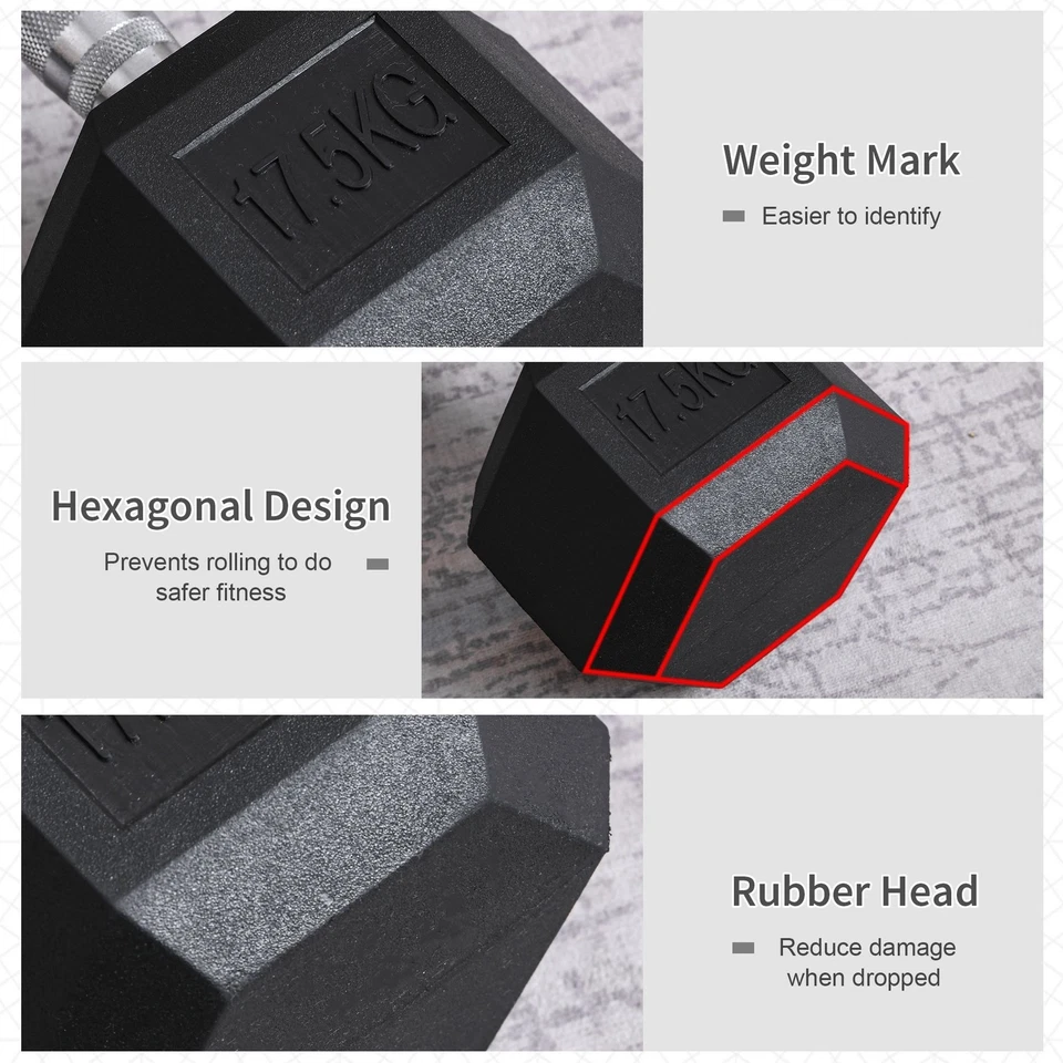 HOMCOM 17.5KG Single Rubber Hex Dumbbell Portable Hand Weights Home Gym, photo 4 of 5