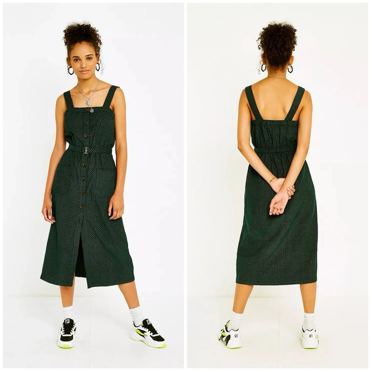 dark green overall dress Womens Green Solid Corduroy Overall Dress with Front Pockets Green / M main image 0