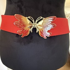Vtg 80s Enamel Cloisonne Style Red Gold Tone Butterfly Buckle Stretch Belt