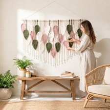Large Macrame Wall Hanging 52.3"W x 31"L - Boho Wall Decor in Beige, Old Pink...