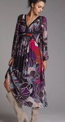 Anthropologie Let Me Be Dress Multicolor Lined V-Neck Floral Midi Size Small