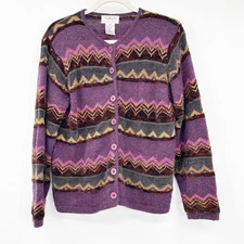 Talbots Womens Vintage Preppy Striped Geo Wool Mohair Blend Cardigan Sweater PM