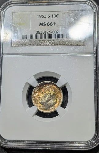 1953-S Roosevelt Dime Ngc MS/66+ Obverse End Of Roll Toning!