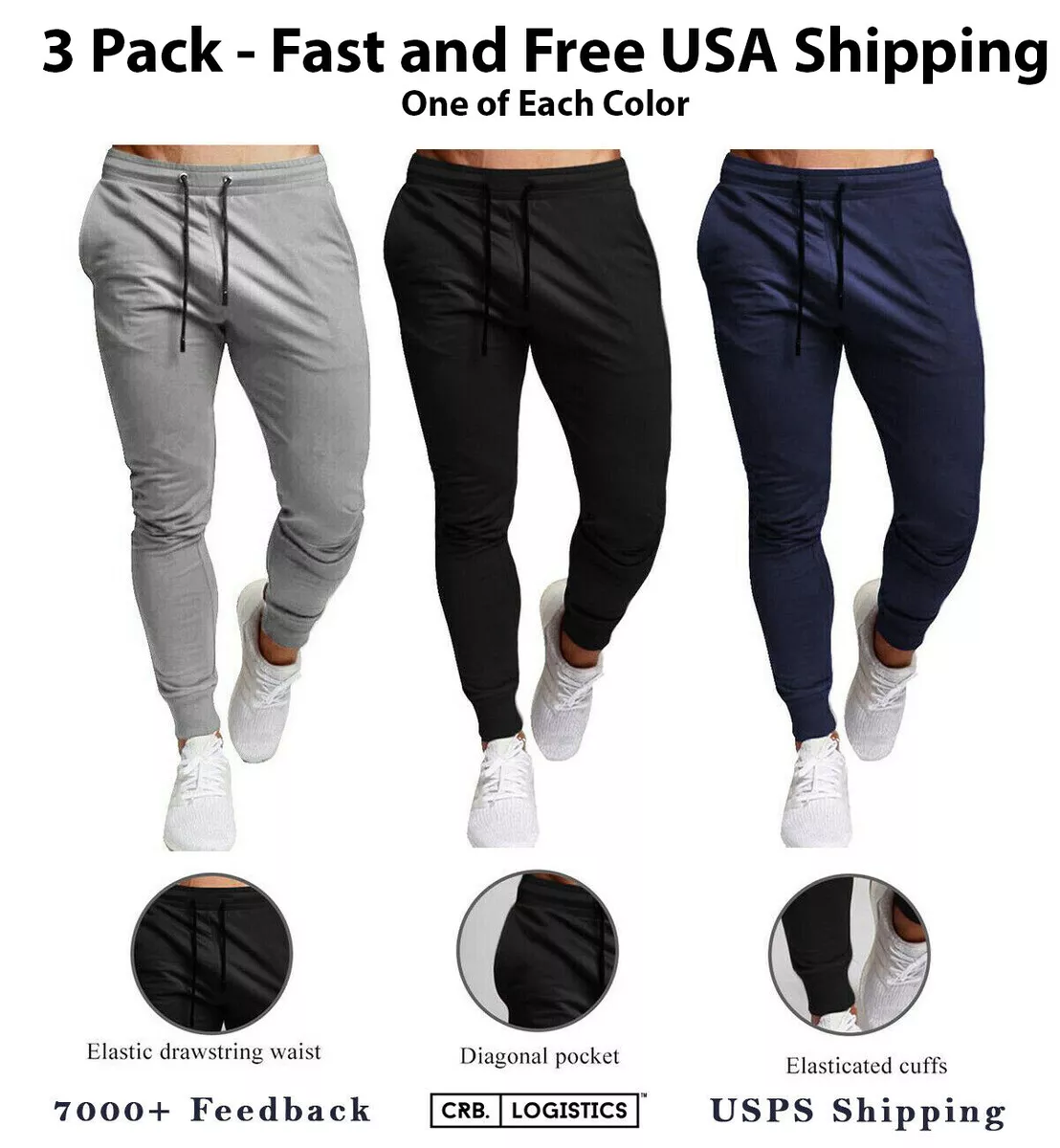 3 Pack JOGGERS SWEATPANTS MEN'S CASUAL SLIM-FIT FLEECE PANTS POCKETS  TAPERED FIT