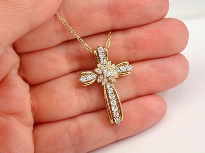 2Ct Round Cut Lab Created Diamond Cross Pendant Necklace 18'' 14k Gold Plated