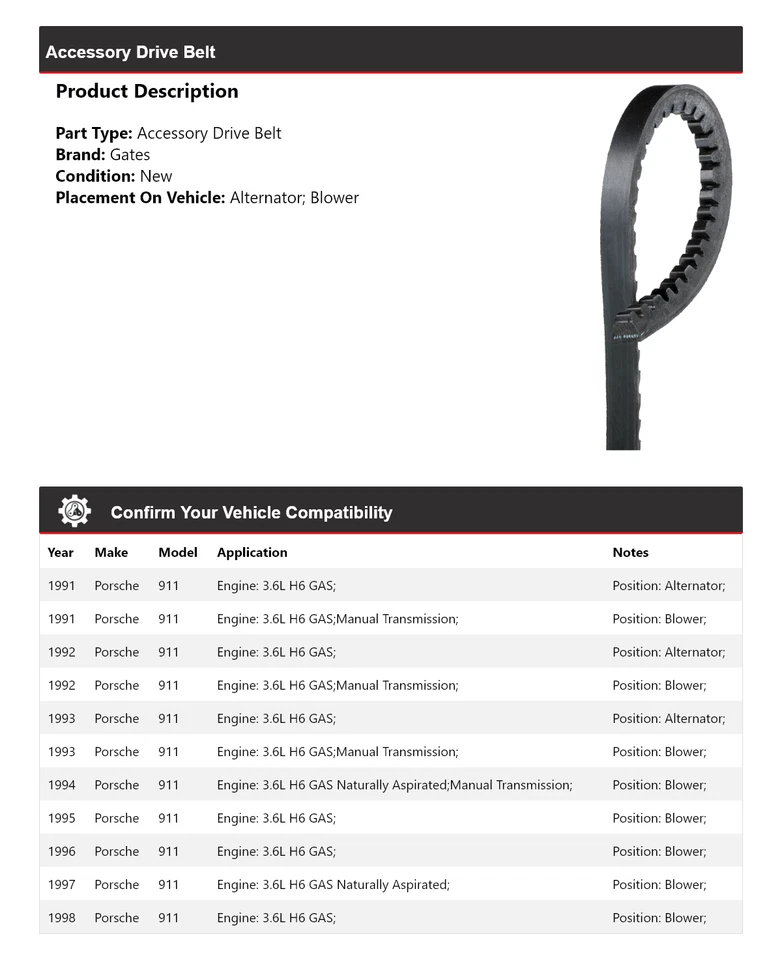 For 1991-1998 Porsche 911 Accessory Drive Belt Gates 1992 1993 1994 1995 1996 - Image 2 of 4