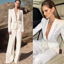 Slim Fit Women's Suits 2 Pieces With Belt Party Wedding White Lace Ladies Outfit