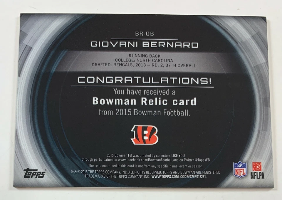 2015 Bowman Giovani Bernard Authentic Memorabilia Relic Card  FRA10 - Image 2 of 2