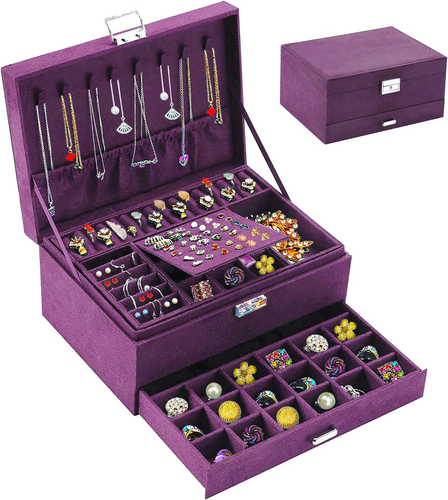 Jewelry Boxes for Women, Black Velvet Organizer with Lock, Earring & Necklace Ho - Picture 18 of 21