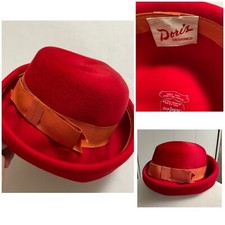 Vintage Doris Designed Hat Starfire Melange-blend felt 100 Wool Red With Ribbon
