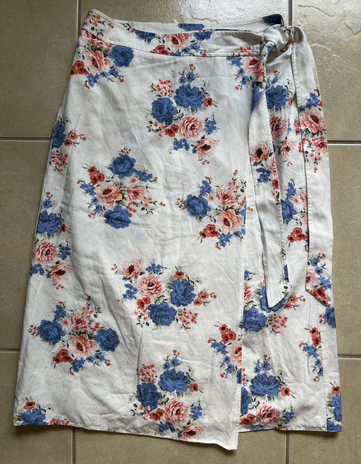 LOFT Floral Midi Wrap Lined Skirt Women's Size 8 Linen Blend White Multicolor