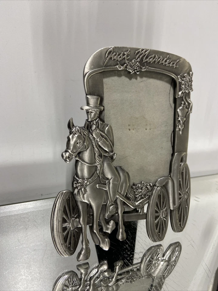 Pewter Metal Wedding Picture Frame Just Married Old Fashion Horse Drawn - Image 3 of 4