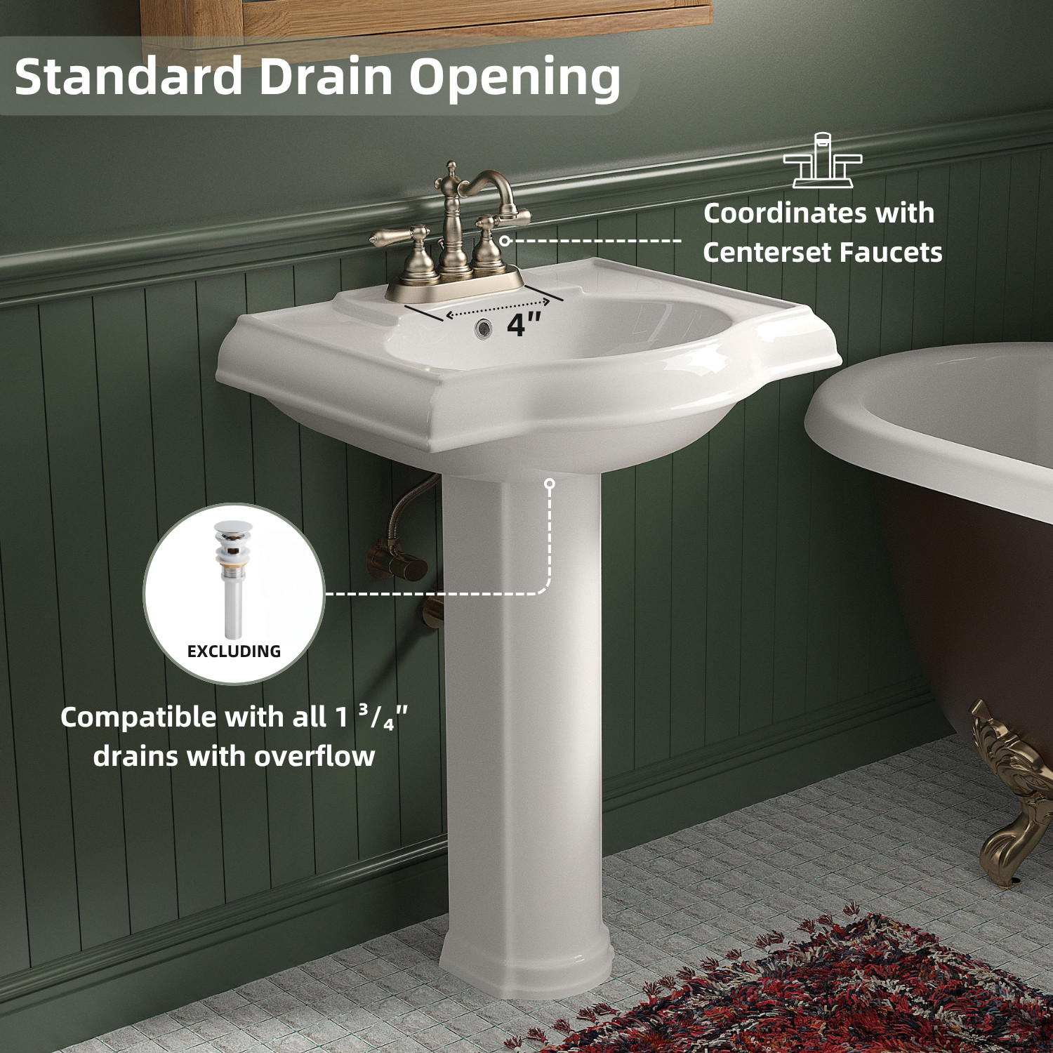 Los Flexi 24" x 19" White Ceramic Pedestal Sink with Overflow and 3 Faucet Hole