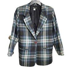Vintage Savannah Wool Blend Blue & Gray Tarten Plaid Single Button Blazer Sz 14