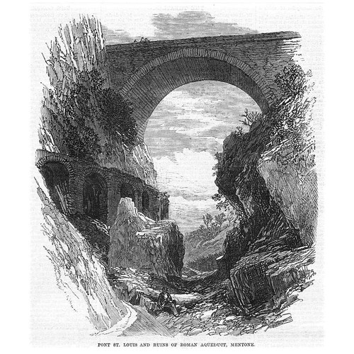 MENTON Port St Louis and Ruins of the Roman Aqueduct - Antique Print 1869