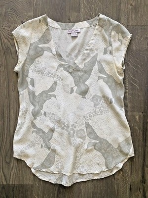 Bayla Jane Anthropologie Silk Crepe Top Blouse Gray Duck Mallard Rain Sz S 0 2 4