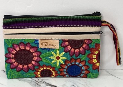 Handmade Roatan Floral Embroidered Pouch Wristlet  Artisan Make Up Bag Honduras