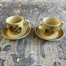Vintage Gien France Tea Cups With Plates In Canary Yellow, Espresso Cup