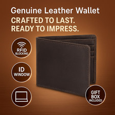Men's RFID Leather Wallet Bifold Slim Minimalist ID Window Gift Box Brown