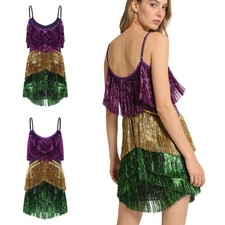 Womens Sling Dress Tassel Tank Dress Nightclub Mini Dress Birthday Shiny Sequin