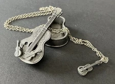 Vtg. Torino Pewter Guitar Brooch, compartment/case Necklace, & Earrings Complete