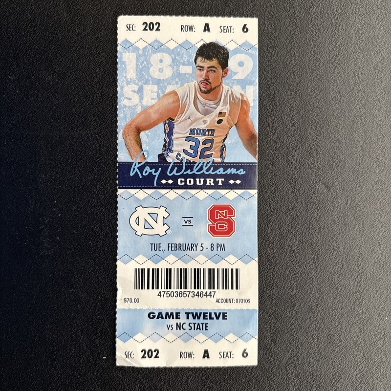 UNC Tarheels v. NC State Wolfpack Ticket Stub 2/5/2019