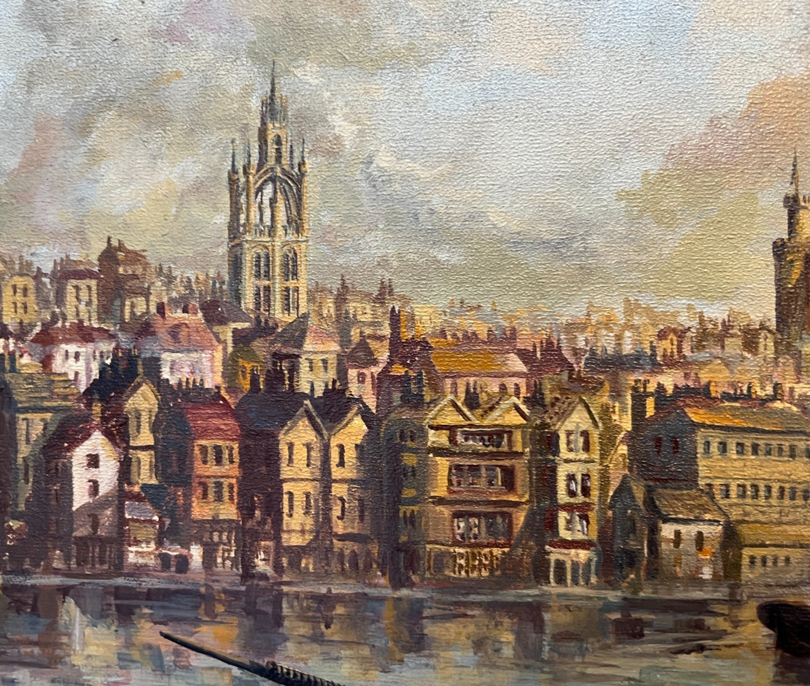 Vintage Framed Oil Painting on Canvas Harbour River Town Scene Signed Lovat 95cm image 3