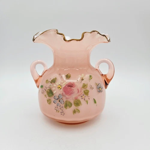 Vintage Fenton Pink Cased Glass Vase Double Crimp Double Handle Hand Painted 5"H