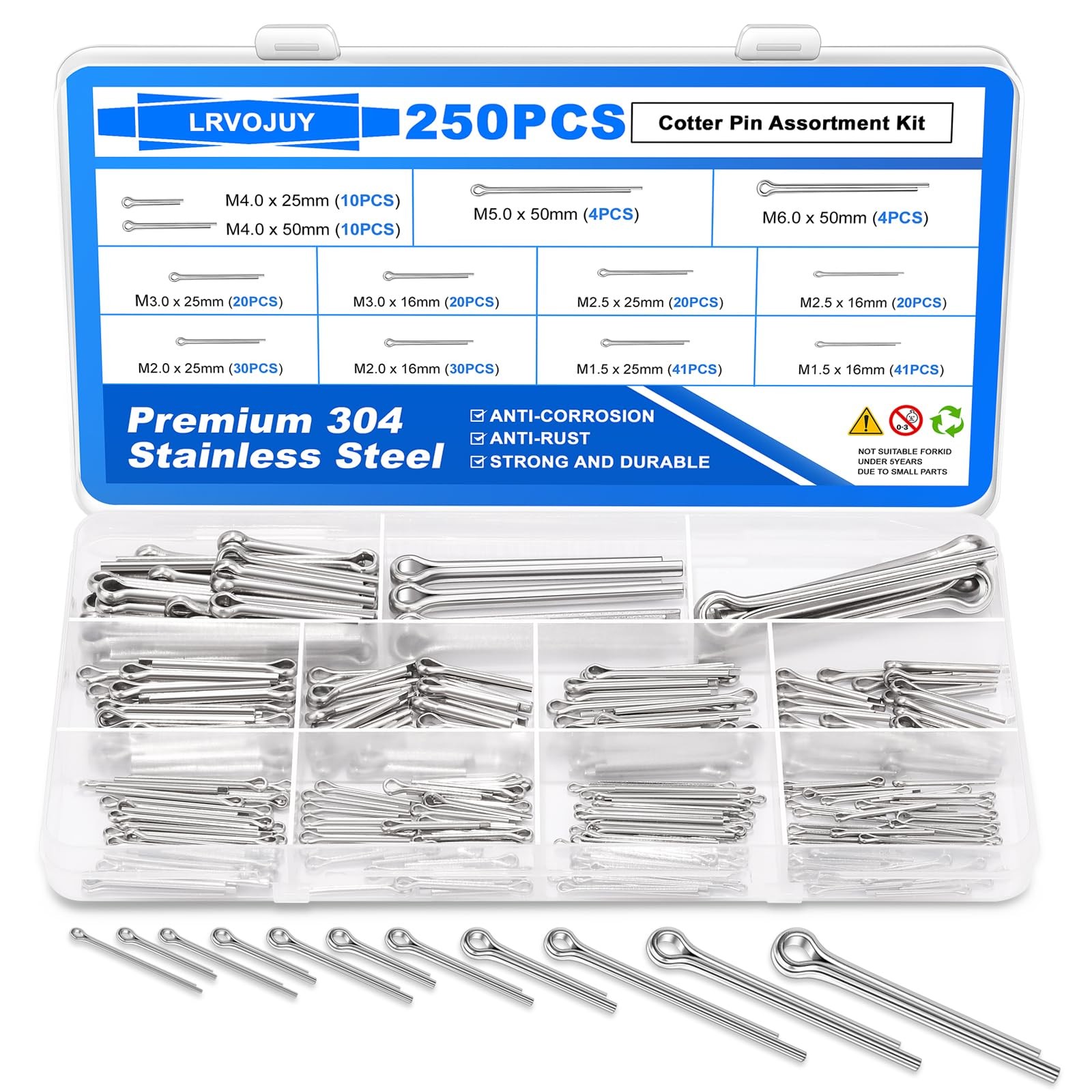 LRVOJUY 250PCS Cotter Pin Assortment Kit 12 Sizes 304 Stainless Steel Hardwar...