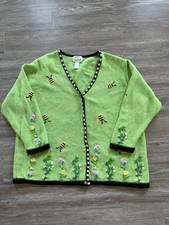 The Quacker Factory Women's Bee Embroidered Sweater Chunky Green Cardigan Sz 2x