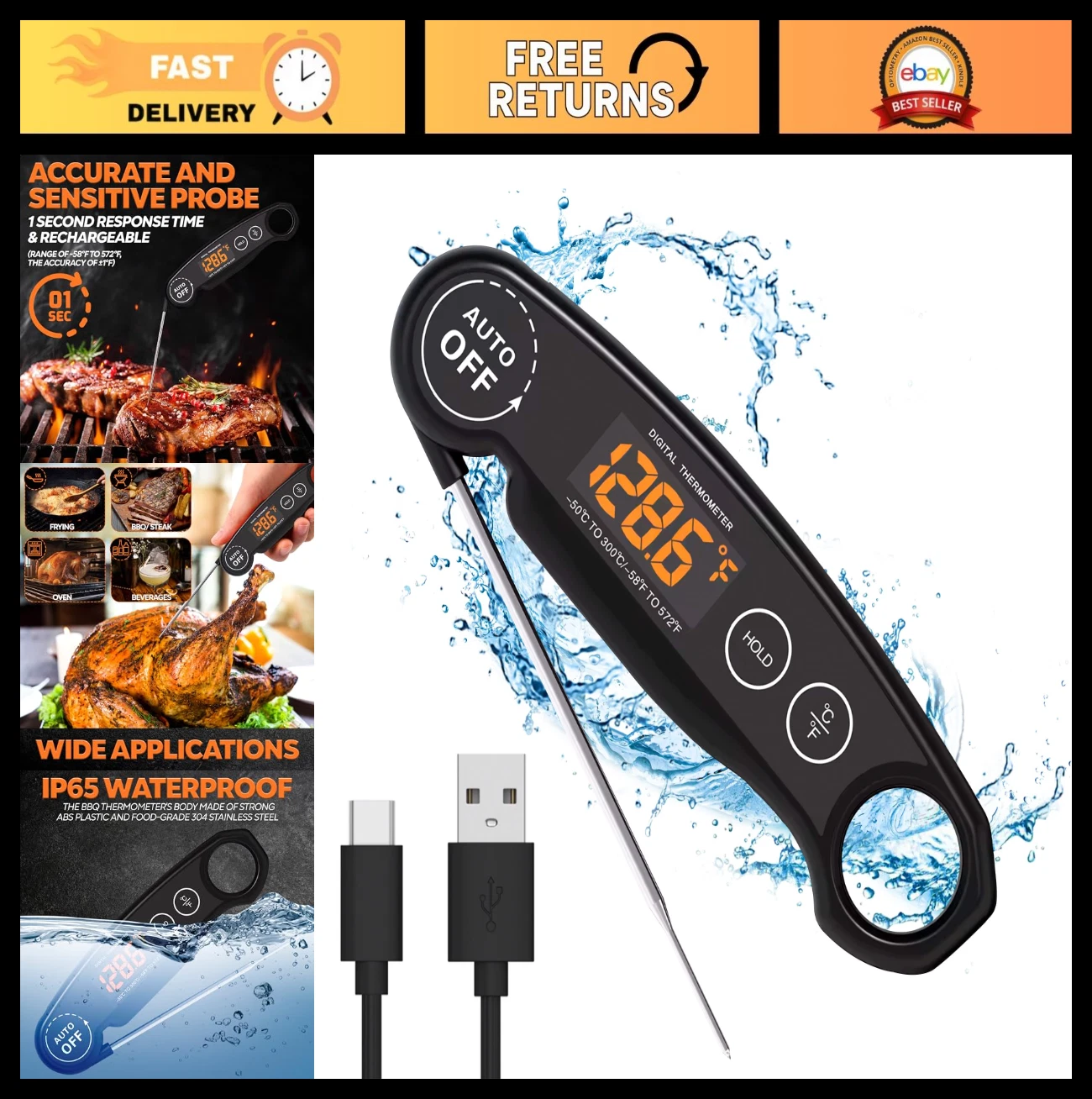 Instant Read Food Thermometer - Rechargeable Digital Meat & BBQ Grill Thermomete