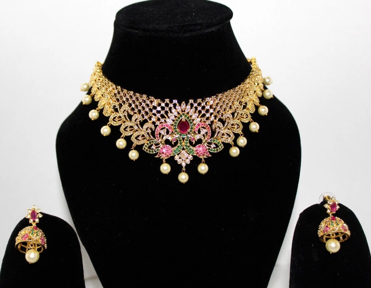 Indian QUEEN Style Gold Plated Choker Necklace Earrings Pearl CZ