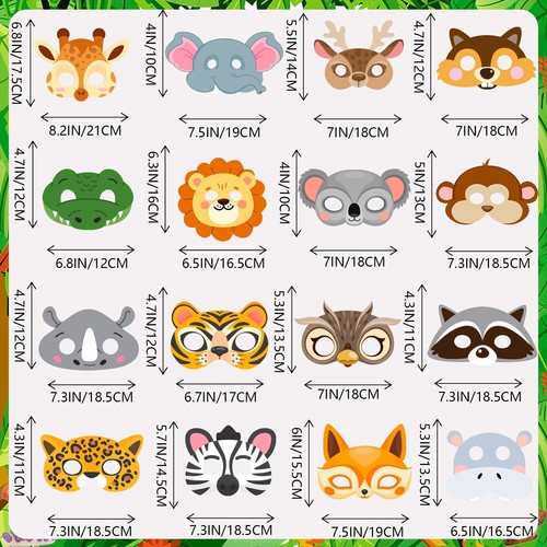 Jungle Animal Masks,16 Pcs Safari Animal Party Face Mask Decoration for Kids - Picture 2 of 10