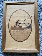 Fisherman fishing, Hudson River Inlay Framed Marquetry Signed by Jeff Nelson