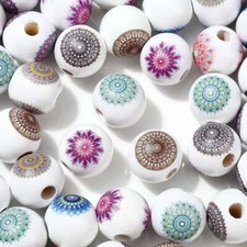 100x Bohemia Printed Wood Flower Pattern Spacer Beads for DIY Jewelry Making