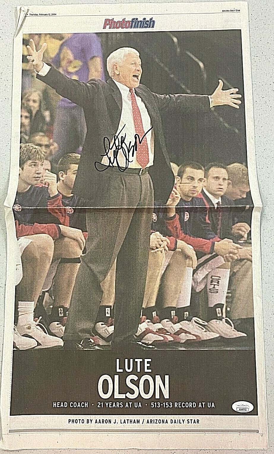 Lute Olson Autographed Signed Newspaper JSA Autograph Arizona Basketball Coach