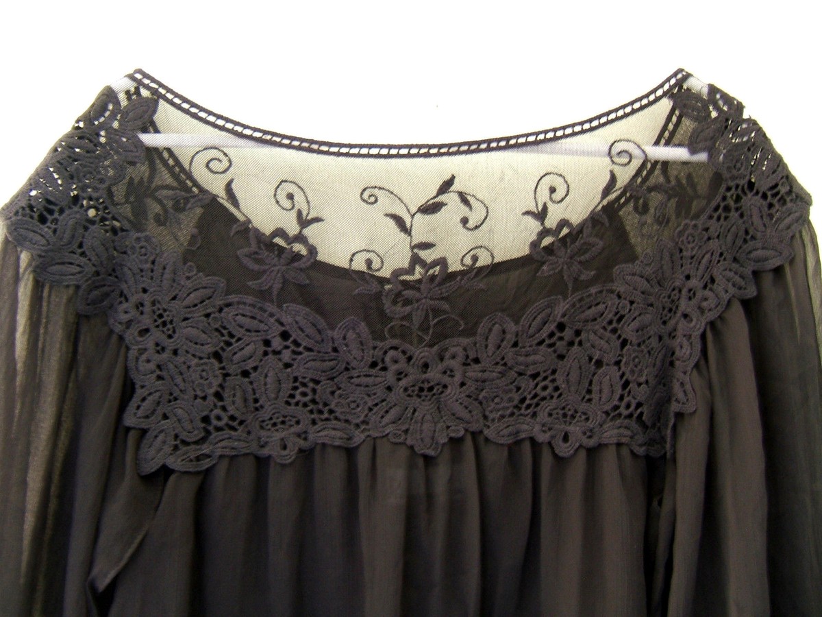 Chemisier Noir Transparent Brodé Crochet Isabella Rodriguez Taille M - Manches Kimono, Effet Sheer